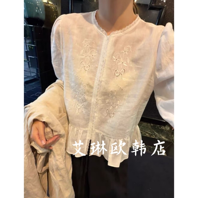 米鹿1208春款刺绣衬衫女蕾丝边