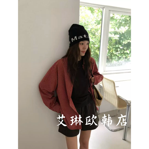 9155韩系翻领宽松格子衬衫