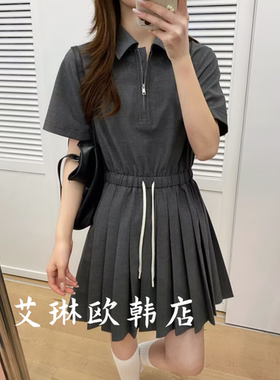3.18~onetwo15305夏款韩系学院风翻领抽绳短袖小个子百褶连衣裙女