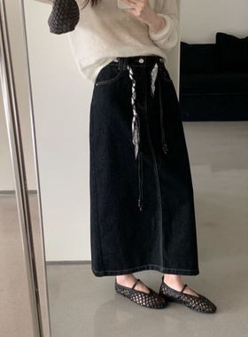 8.28~TOP83072秋装新款配腰带高腰显瘦百搭后开叉牛仔半身裙女