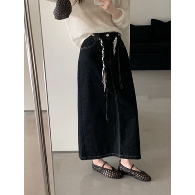 83072配腰带后开叉牛仔半身裙