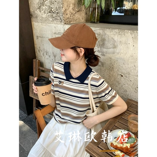 禁止机洗~0087夏欧货翻领小熊刺绣条纹莱赛尔桑蚕丝短袖针织衫女