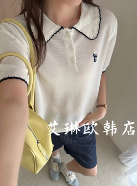 禁止机洗~1971夏装新款欧货POLO领猫咪刺绣短袖针织衫上衣女