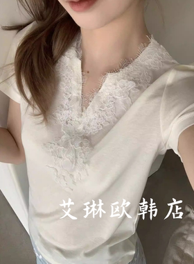 特价卡蔓诗kamanshi31307春韩系V领蕾丝拼接温柔风莱赛尔短袖T恤