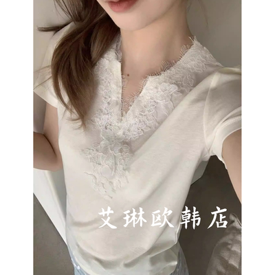 31307蕾丝拼接V领天丝羊毛T恤