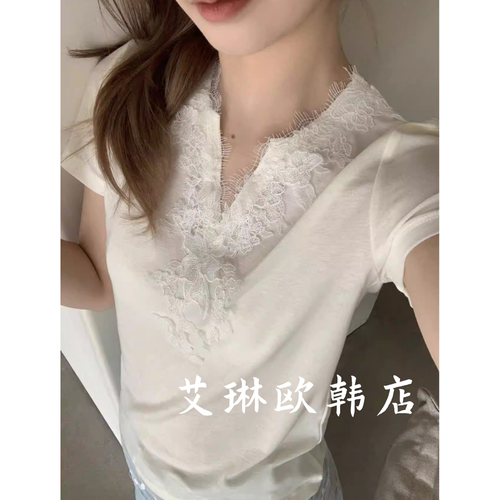 31307蕾丝拼接V领天丝羊毛T恤