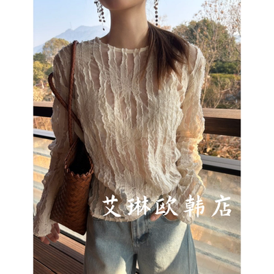 卡蔓特价浅之夏QZX10850韩系春款圆领镂空刺绣长袖蕾丝衬衫女上衣