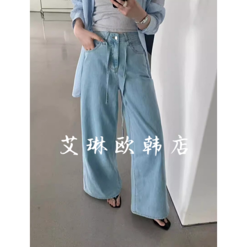 2968配腰带高腰直筒阔腿牛仔裤