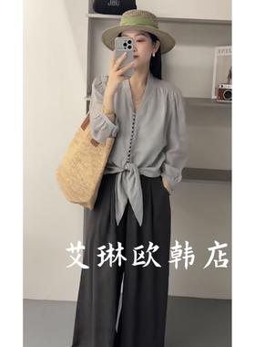 3.30~土布鱼7782夏装新款气质V领单排扣系带苎麻防晒衬衫女