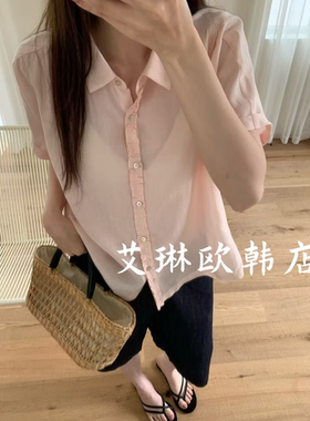 miluroom sicily米鹿9108~夏款韩系翻领木耳边莱赛尔苎麻短袖衬衫