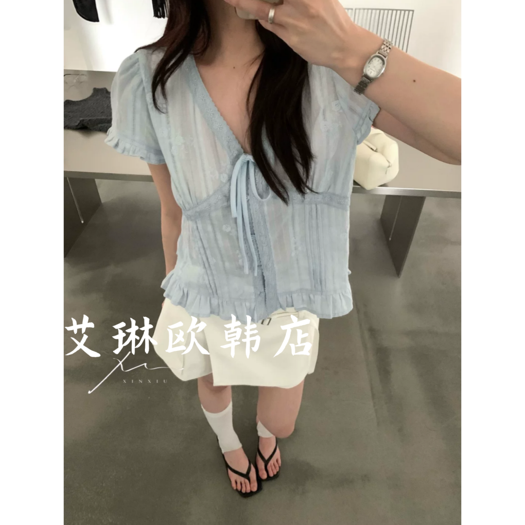 4.21~x.xiu新袖26633韩系夏款甜美系带V领蕾丝绣花短袖衬衫上衣女