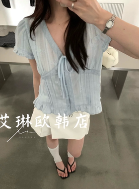 新袖26633夏款短袖系带蕾丝衬衫