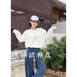 镂空蕾丝拼压褶袖 下摆抽绳圆领休闲短T恤卫衣女 8810欧货春款 3.17