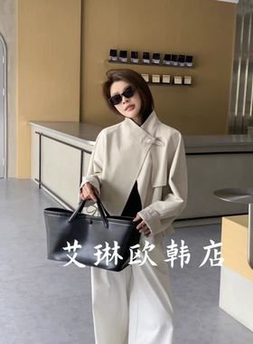 3.19~6005欧货春款百搭立领短款休闲风衣女抽绳设计感宽松外套