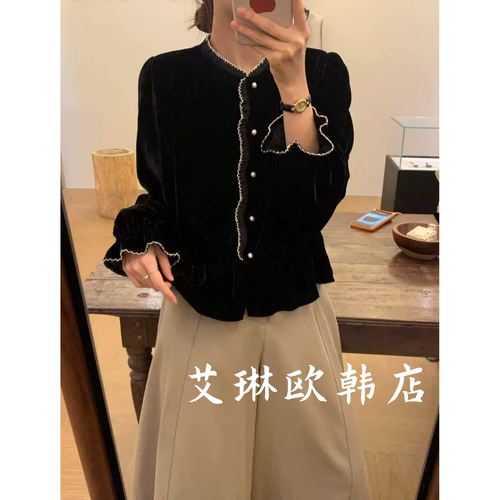 9163珍珠扣压边丝绒长袖小衫女