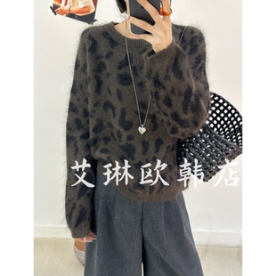 欧货圆领绵羊毛加兔毛豹纹针织衫 新款 毛衣女 78133冬装 禁止机洗