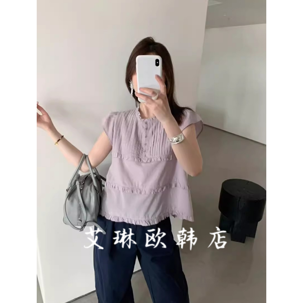 秒杀不退卡蔓enxi20315夏季新小清新压褶木耳边甜美飞飞袖衬衫