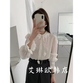 土布鱼7656春装 衬衫 新款 甜美温柔蕾丝拼接翻领系带长袖 女 法式 3.1