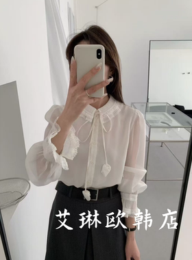特价土布鱼7656春装新款法式甜美温柔蕾丝拼接翻领系带长袖衬衫女