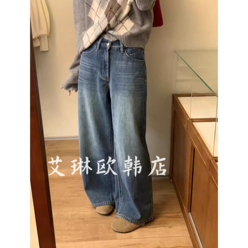 米鹿99139冬款加绒牛仔裤阔腿裤