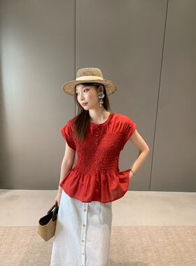 特价不退卡蔓QZX10922夏季韩系设计感棉褶皱遮肚子圆领短袖衬衣