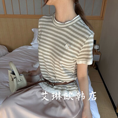 浅之夏11201春条纹假两件短袖T恤