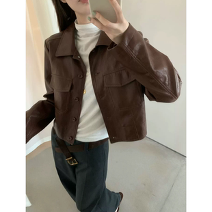 特价卡蔓enxi22116早秋新款韩系复古翻领长袖皮衣短外套女