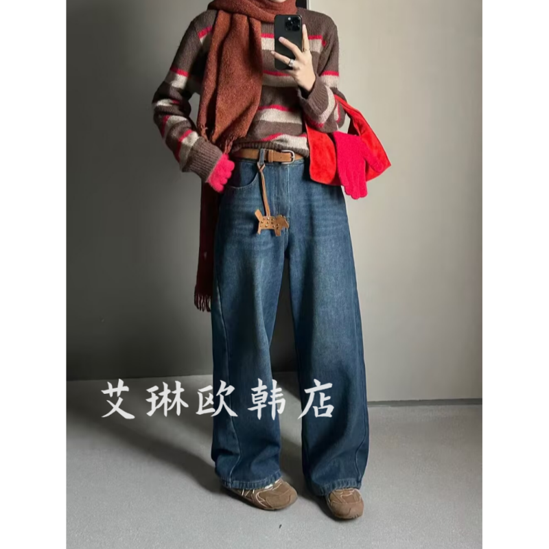 TOP83162腰带牛仔裤阔腿裤加绒女