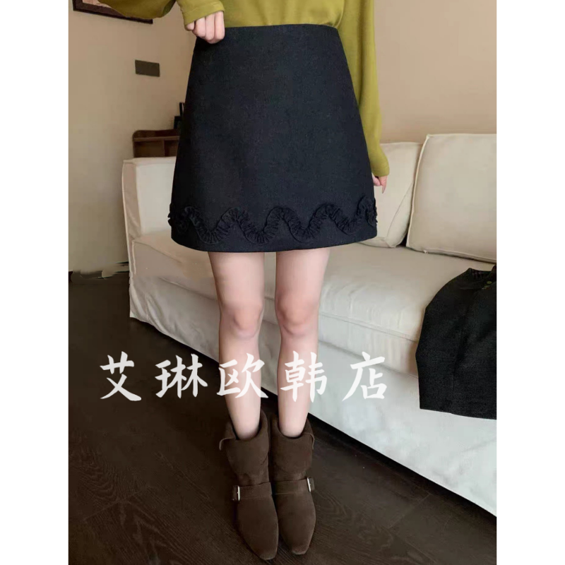 320高腰显瘦木耳边羊毛呢半身裙