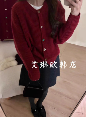 禁止机洗~78221欧货冬款年会圆领宝石扣绵羊毛兔毛针织开衫毛衣女