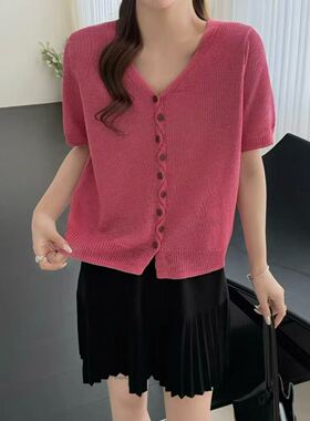 福利8323夏日纽扣V领爽肤麻针织开衫女2026夏装新款欧货短袖上衣