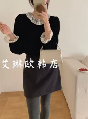 12.20~土布鱼7601冬款韩系甜美花边领拼接钩花蕾丝丝绒衬衫气质女