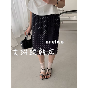 韩系松紧腰拼接木耳边波点后开叉半身裙女 款 2.27 onetwo15061春季
