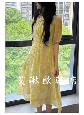 福利6122夏装新款欧货气质收腰显瘦圆领印花天丝短袖连衣裙