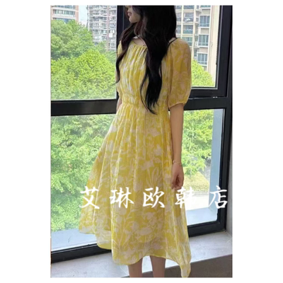 福利6122夏装新款欧货气质收腰显瘦圆领印花天丝短袖连衣裙