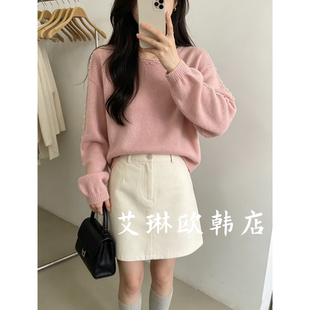 67657秋季新款韩系温柔风钉珠圆领绵羊毛兔毛长袖针织衫毛衣女