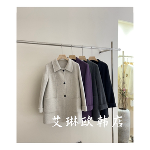 福利9301秋冬新款气质休闲翻领中长款100羊毛双面羊绒大衣外套女