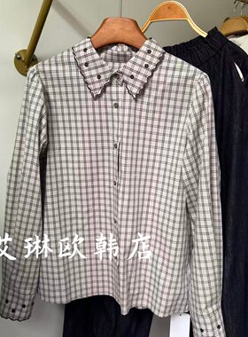 20003韩系休闲刺绣格纹叠穿衬衫
