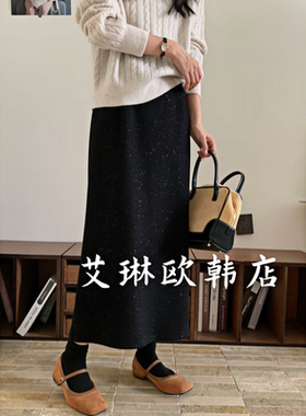 12.30~8926冬款欧货松紧腰显瘦百搭后开叉亮闪闪加绒羊毛半身裙女