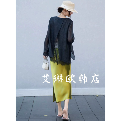 8889欧货后开叉蕾丝拼接防晒衬衫