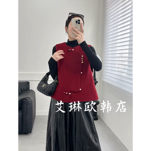 083冬款新中式国风盘扣双面羊绒100绵羊毛马甲女红色短款背心外套