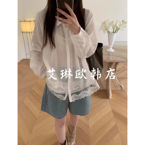 2658蕾丝拼接苎麻防晒衬衫