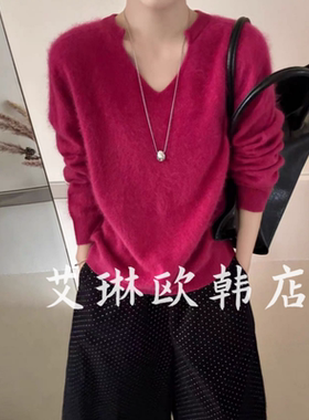 禁止机洗~7464秋款韩货水滴V领宽松慵懒风羊绒拉绒针织衫毛衣女
