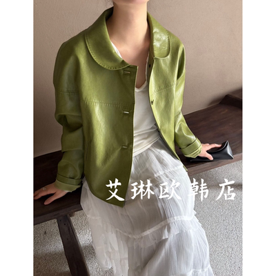 30809韩系娃娃领PU皮衣外套