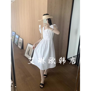 福利卡蔓enxi20323夏装新款韩系方领飞飞袖波点亚麻连衣裙女