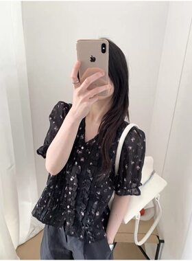 米鹿9129/9118～夏款100%苎麻印花繁复拼蕾丝+多条木耳边短袖衬衫