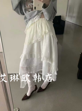 卡蔓OQQOMM519春款韩系松紧腰不规则蕾丝中长款网纱裙蛋糕半身裙