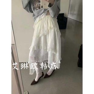 卡蔓OQQOMM519春款韩系松紧腰不规则蕾丝中长款网纱裙蛋糕半身裙