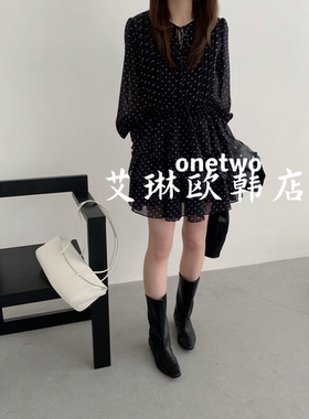2.27~onetwo15080春款韩系气质温柔波点系带层叠下摆设计款连衣裙