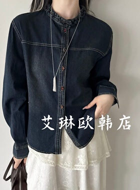 特价卡蔓浅之夏QZX10833春装款花边领单排扣明线牛仔衬衫上衣女